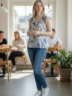 TINY by Anthropologie Floral V-Neck Flutter Sleeve Top | S | Boho | Coastal
